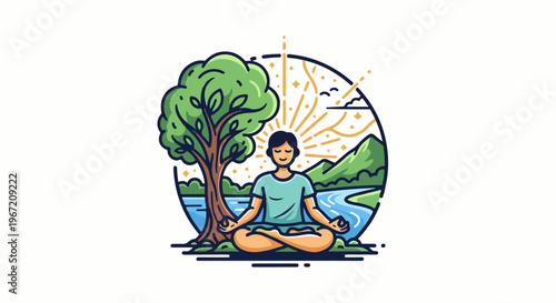 Person meditating by a tree and river at sunrise, surrounded by nature
