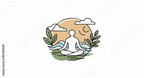 Person meditates peacefully by flowing water amidst nature and clouds