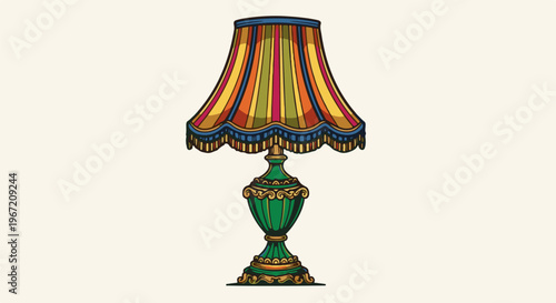 Ornate table lamp with a striped lampshade and decorative base