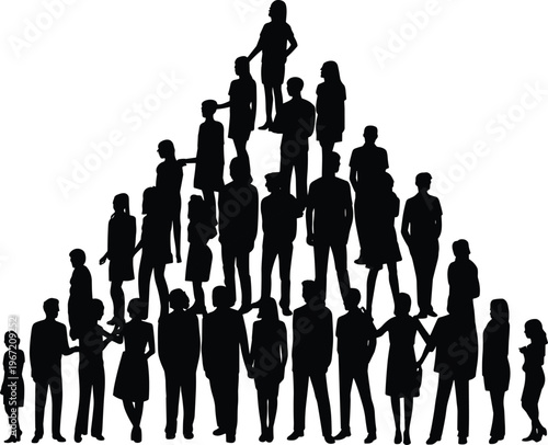 group people silhouettes pyramid, teamwork hierarchy concept, business community, diverse human figures, isolated black composition