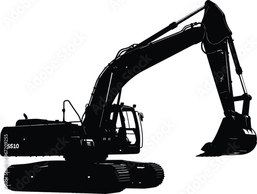 Silhouette illustration of tracked excavator machine, heavy construction equipment, hydraulic arm bucket, earthmoving vehicle design, industrial machinery icon