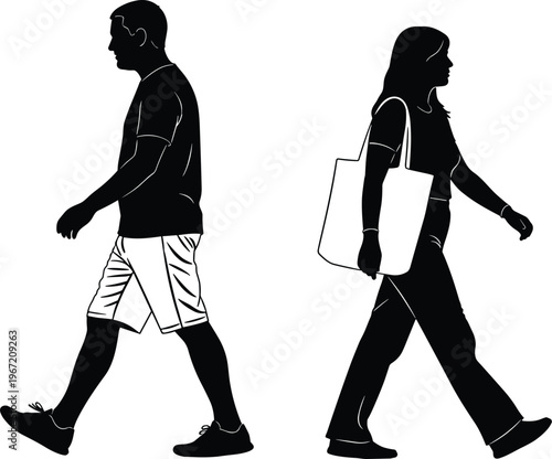 Black and white flat vector silhouette of young man in shorts and woman with tote bag walking in opposite directions.