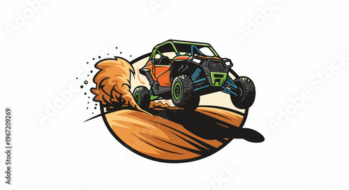 Orange and green off-road vehicle airborne in desert dust cloud