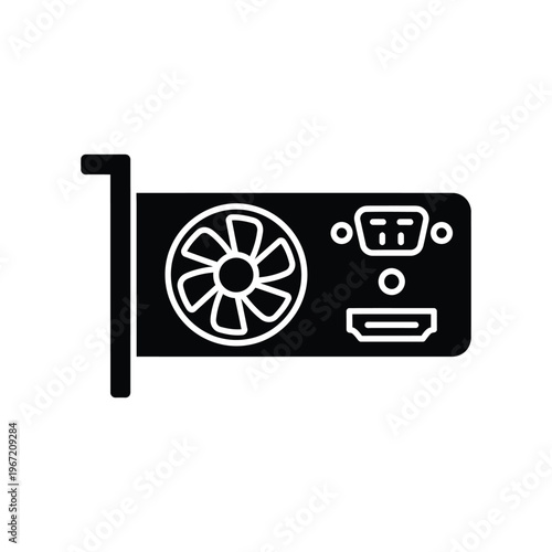 Minimalist black graphics card icon representing high-performance computer hardware for gaming, video editing, and digital rendering on a white background.
