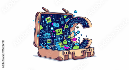 Open suitcase spilling out abstract shapes and tech elements