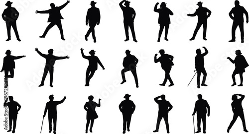 Male dancer silhouettes collection, stylish poses, performance gestures, modern dance moves, isolated black figures illustration set