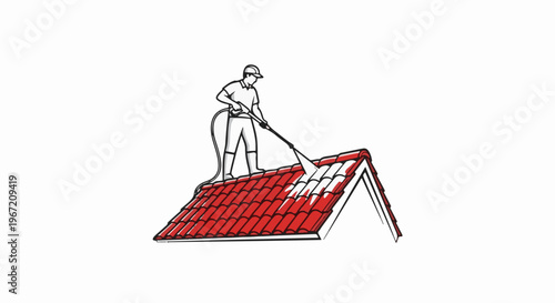 Person pressure washing a red tiled roof