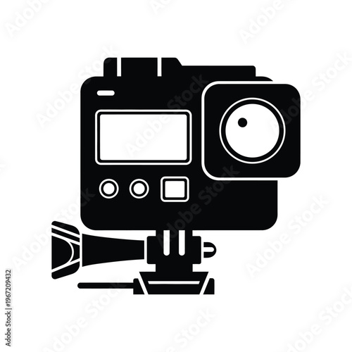 Minimalist black action camera icon on a mount for recording extreme sports and outdoor adventures