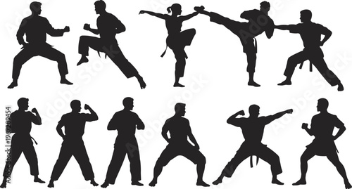 martial arts silhouettes, karate fighters action poses, combat training, isolated black figures, self defense, dynamic movement