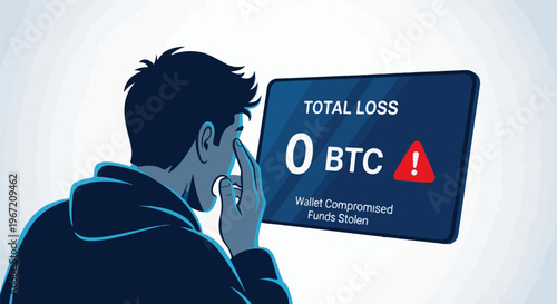 Person reacts in dismay to a screen displaying total crypto loss and stolen funds