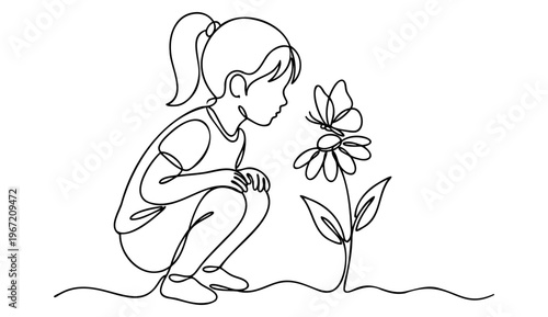 Continuous one line drawing of young girl crouching to look at butterfly on flower with child discovering nature and beauty, Vector illustration