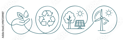 Creative single stroke line art of sustainable green energy icons with solar panels, wind turbine, recycle sign and reforestation, Vector illustration