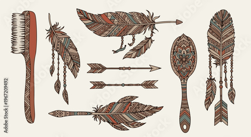 Ornate tribal feathers, arrows, and hairbrush with decorative patterns