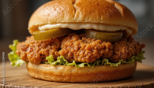 Crispy Fried Chicken Sandwich with Lettuce and Pickles on a Soft Bun Served on a Wooden Board