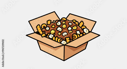 Open cardboard box filled with fries, cheese curds, and gravy