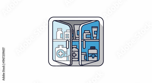 Open cabinet with shelves filled with medical supplies, bottles, and first aid kits