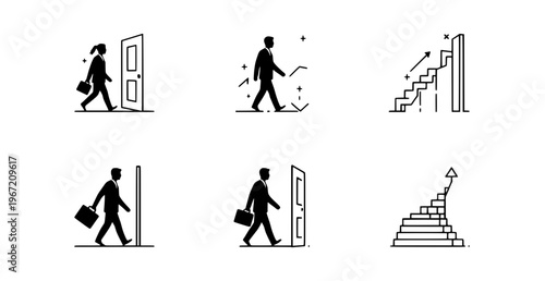 Business Success and Opportunity: Minimalist vector icons depict a determined individual embarking on a journey through open doors and climbing towards new opportunities.