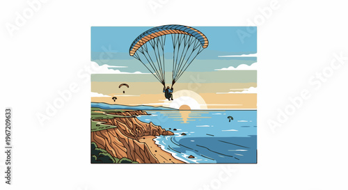 Paragliders soar over a coastal cliff at sunset