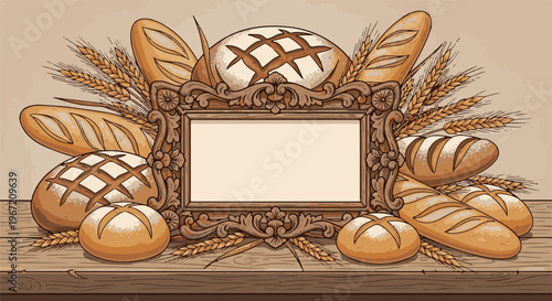 Ornate frame surrounds a bountiful display of freshly baked bread and wheat stalks