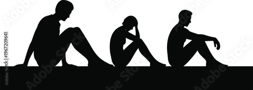 people silhouettes sitting sad, depression concept, loneliness emotion, human figures isolated, mental health awareness illustration