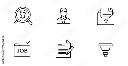 Job Search Icon Set: A collection of simple, black-and-white icons representing various aspects of job hunting and employment. Ideal for illustrating career-related concepts.