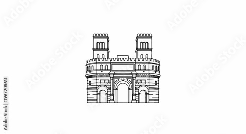 Ornate, symmetrical stone gatehouse with battlements and twin towers