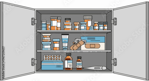Open cabinet filled with various medical supplies and medications