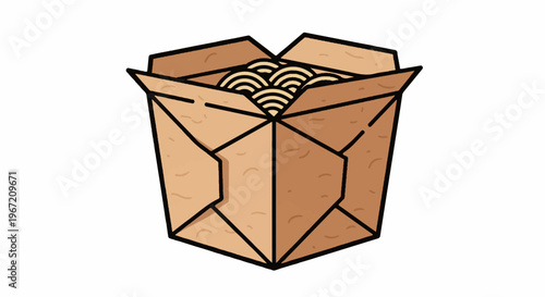 Open brown paper container filled with stylized noodles