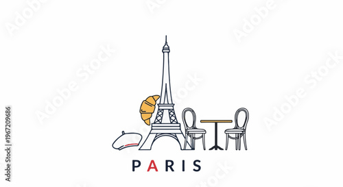 Parisian cafe scene with Eiffel Tower, croissant, beret, and seating