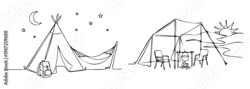 Line art set of outdoor camping scenes with a teepee tent under stars and campfire kitchen at sunrise, Vector illustration