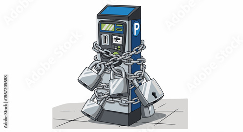 Parking meter securely locked with chains and multiple padlocks