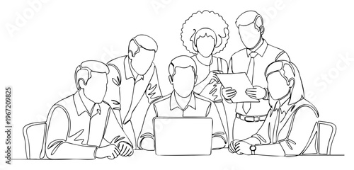Minimalist line art drawing of diverse business team collaborating on project management tasks with around a laptop for strategy meeting, Vector illustration