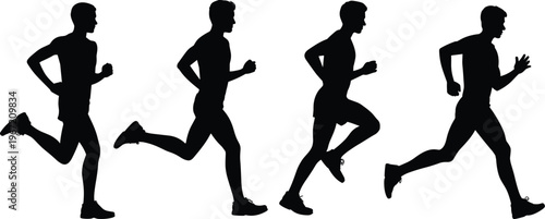Running man silhouette sequence, athlete sprint motion stages, fitness training concept, dynamic movement isolated illustration
