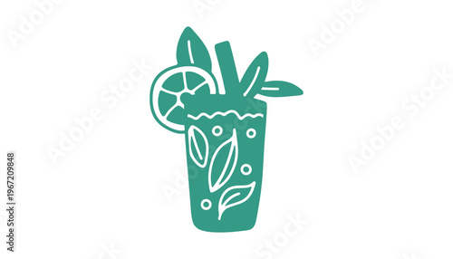 A refreshing green cocktail icon with leaves and lime on a white background