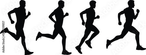 running man silhouettes, jogging poses sequence, fitness activity, athletic training, isolated black figures, motion speed concept