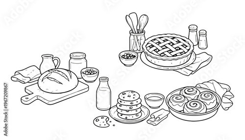 Baked goods illustration with bread, pie, pancakes, and cinnamon rolls