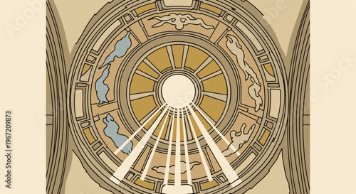 Ornate dome ceiling with light rays beaming downwards from a central opening