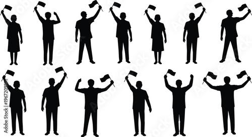 Silhouette people waving flags protest rally demonstration activism crowd social movement isolated vector illustration set