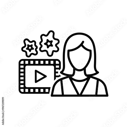 Minimalist line icon of a female video content creator and social media influencer representing digital marketing, online streaming, and modern media production.
