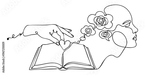 Single stroke art of a human mind connected to an open book with heart and floral elements, creative storytelling concept, Vector illustration