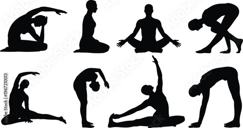 Yoga silhouettes set stretching poses flexibility workout fitness meditation healthy lifestyle isolated vector illustration