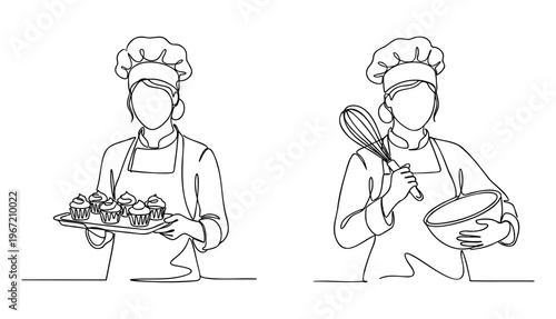 Modern single line illustration of woman baker wearing chef hat mixing ingredients with a whisk, Vector illustration