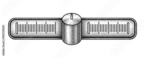 A vector illustration of a vintage measuring scale with a central dial on gray background.