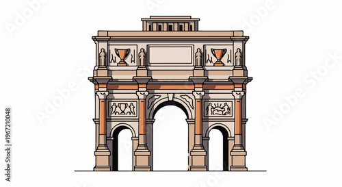 Ornate classical triumphal arch with sculpted details and urns