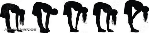yoga stretching silhouettes, forward bend poses, fitness exercise routine, female figure, isolated black illustration, flexibility concept