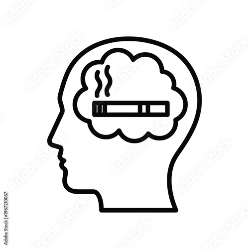 Minimalist line icon of a human head profile with a cigarette in a thought bubble representing nicotine addiction, mental craving, and the psychological habit of smoking.