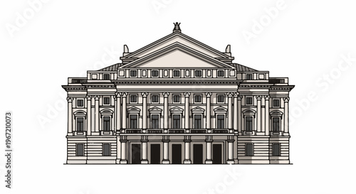 Ornate classical building with columns and pediment, white background
