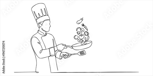 Single stroke line art of professional male chef tossing fresh vegetables in a frying pan, Vector illustration