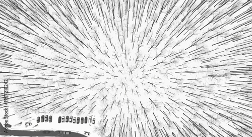 Overhead view of bare trees and a parking lot in a stylized winter landscape