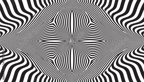 Pattern optical illusion with black and white curved and straight lines creating a hypnotic effect with symmetrical depth and distortion.